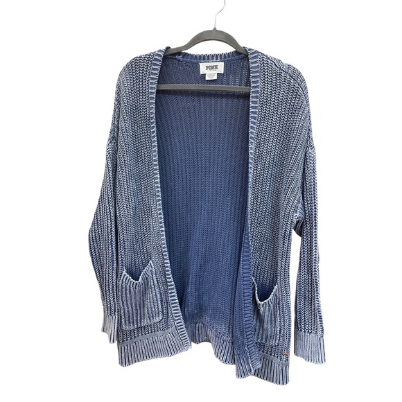 PINK Victoria's Secret Blue Knit Open Front Cardigan Sweater Pockets Oversized - Picture 1 of 8